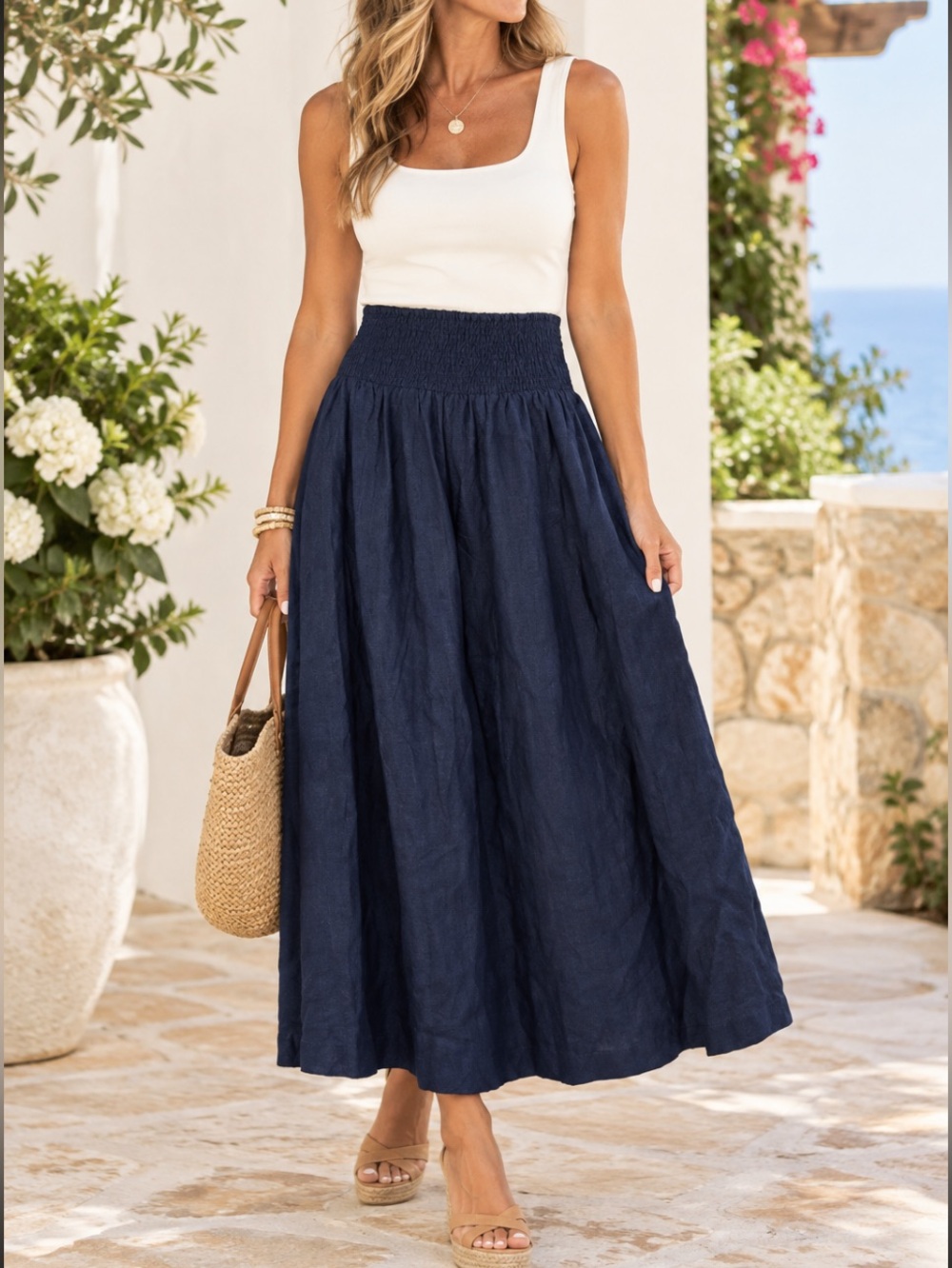 New! Tahari 100% Linen Midi Skirt w/ Pockets Blue Size XL